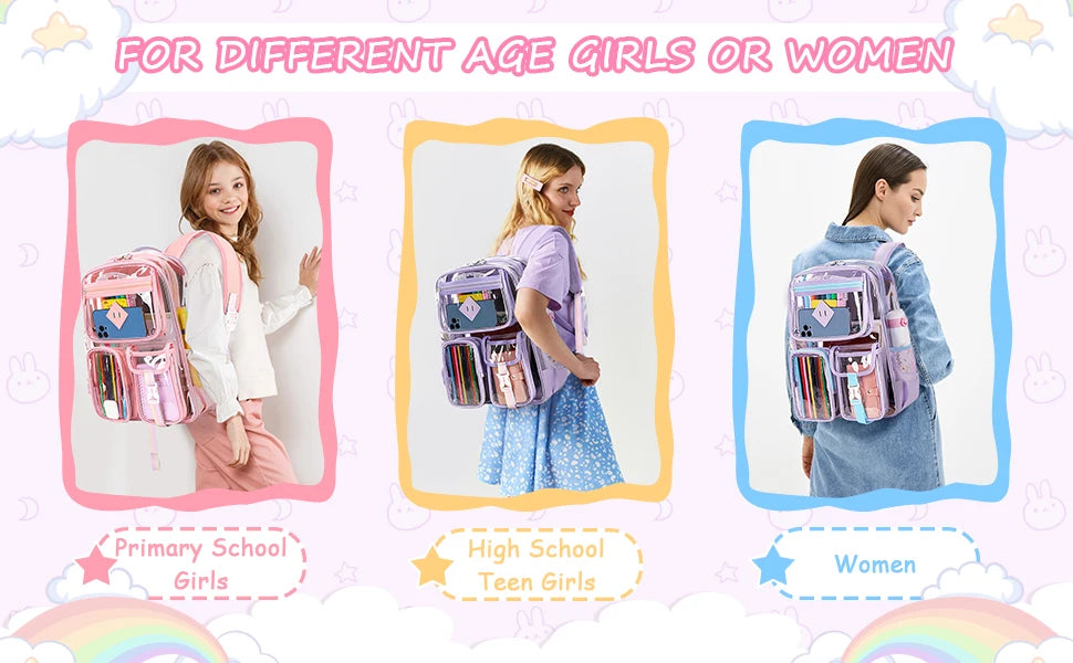 Clear Backpack for School,Heavy Duty PVC Transparent Bookbag for Girls Stadium Approved See Through Backpack