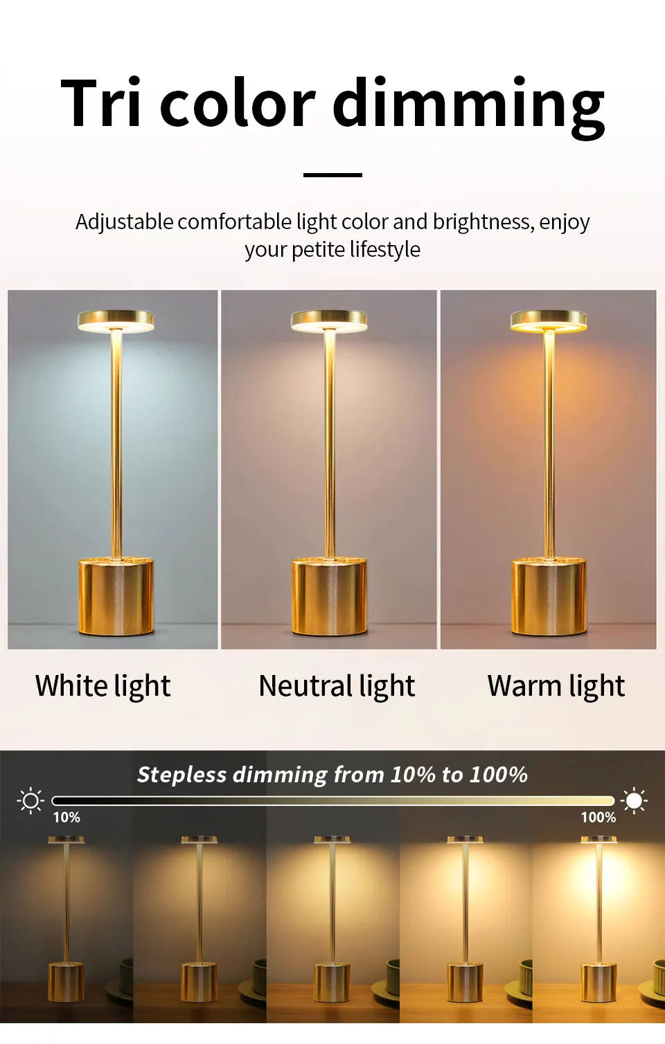 2pcs USB Rechargeable LED Desk Lamp Stepless Dimming Tricolor Touch Night Light Bedside Light Bar Hotel Decoration