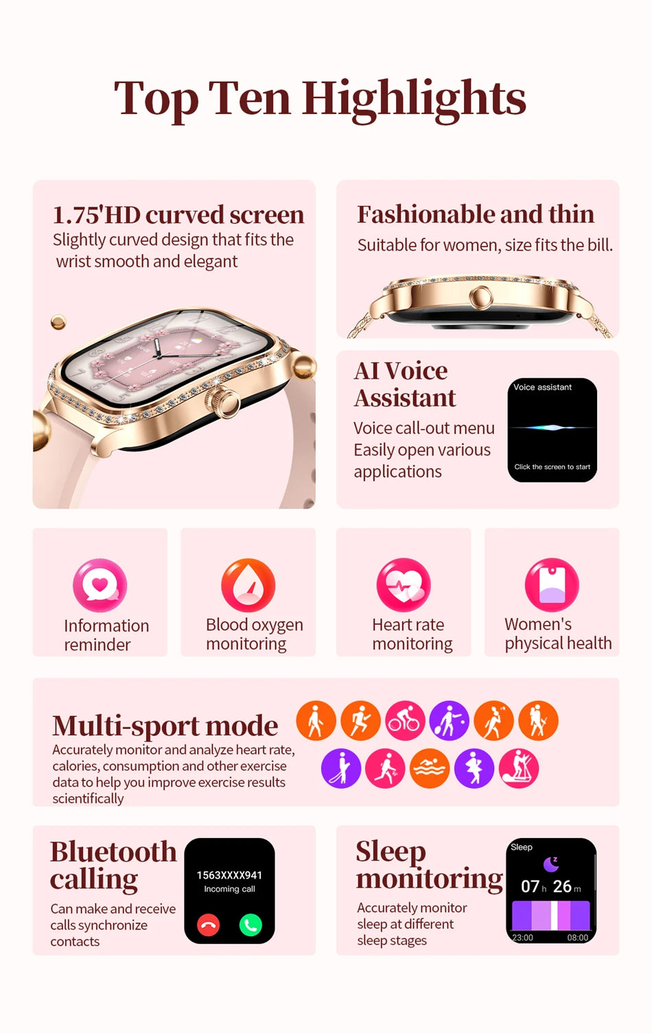 New Fashion Women Smart Watch 1.75inch Curved Screen Sports Bracelet BT HD Calling Clock IP68 Waterproof Diamond Case Smartwatch