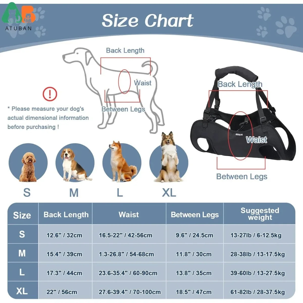Dog Lift Harness Adjustable Full Body Support Dog Sling Breathable Straps for Assisted Mobility Dog Legs Hip Rehabilitation Lift