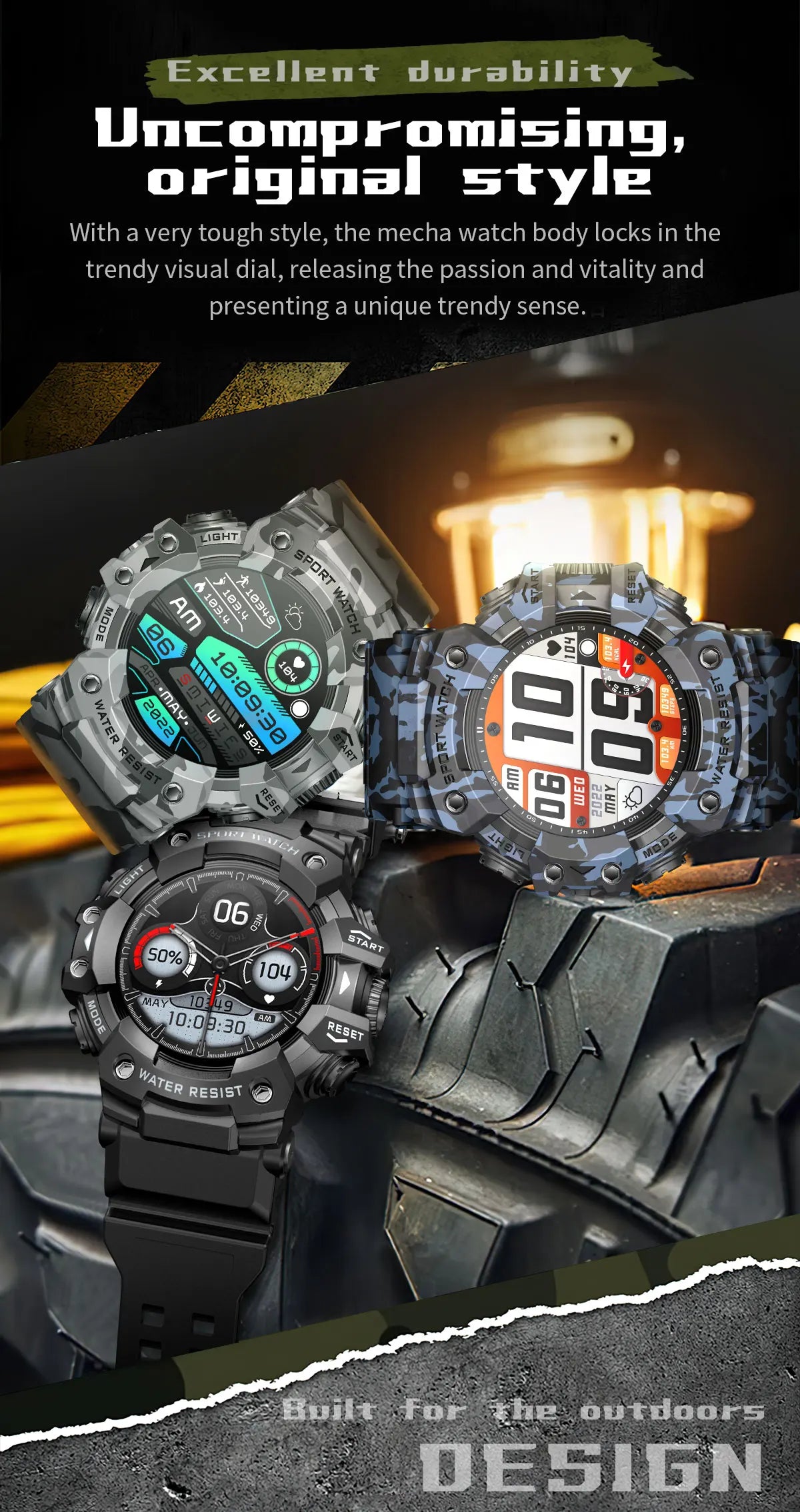 2025 New Rugged Outdoors Sports Smart Watch Men Bluetooth Call Colorful IP68 Waterproof Military Compass Smartwatches Flashlight