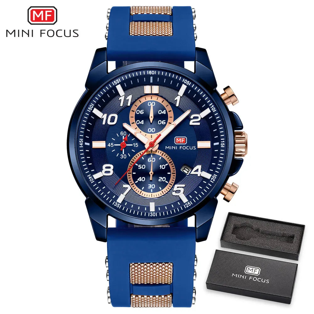 MINI FOCUS Chronograph Quartz Watches Men Blue Silicone Army Sport Top Brand LuxuryWristwatch Man Relogios Masculino Clock 0268