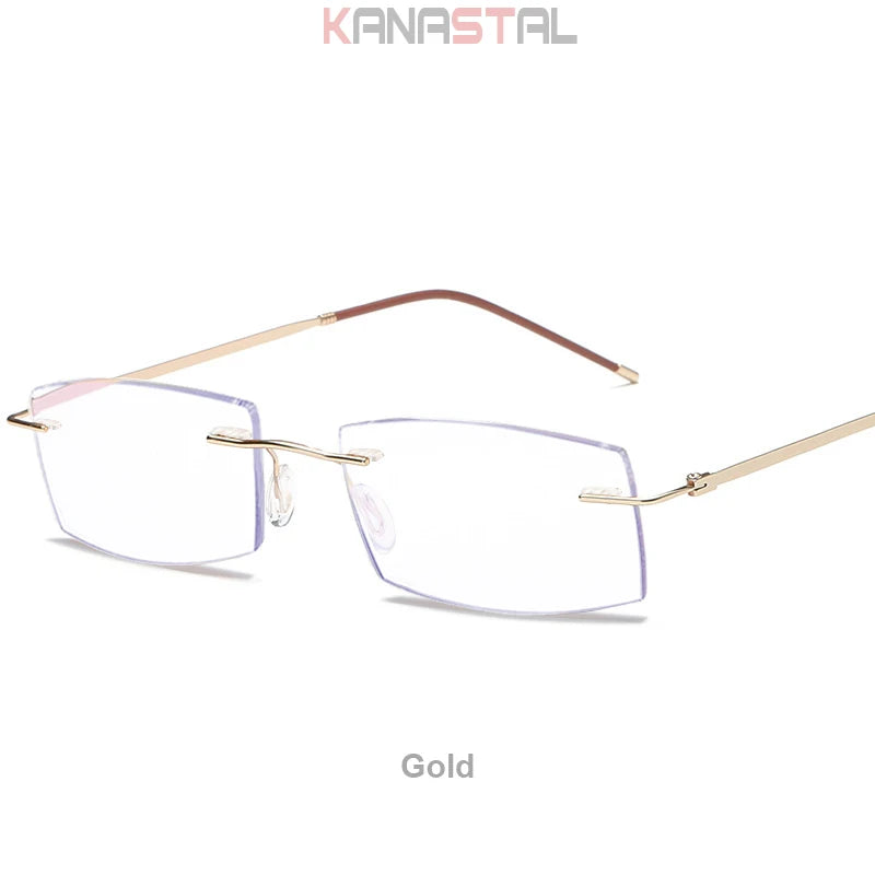 Men's Anti Blue Light Blocking Reading Glasses Cut Frameless Metal HD Lens Eyewear Women Prescription Presbyopic Glasses +400