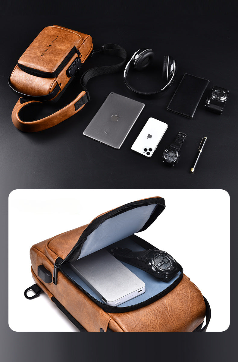 New Casual Chest Bag Travel shoulder bag Men Multifunction Anti-theft USB Charging Crossbody Bag Quality PU Leather Pack Male