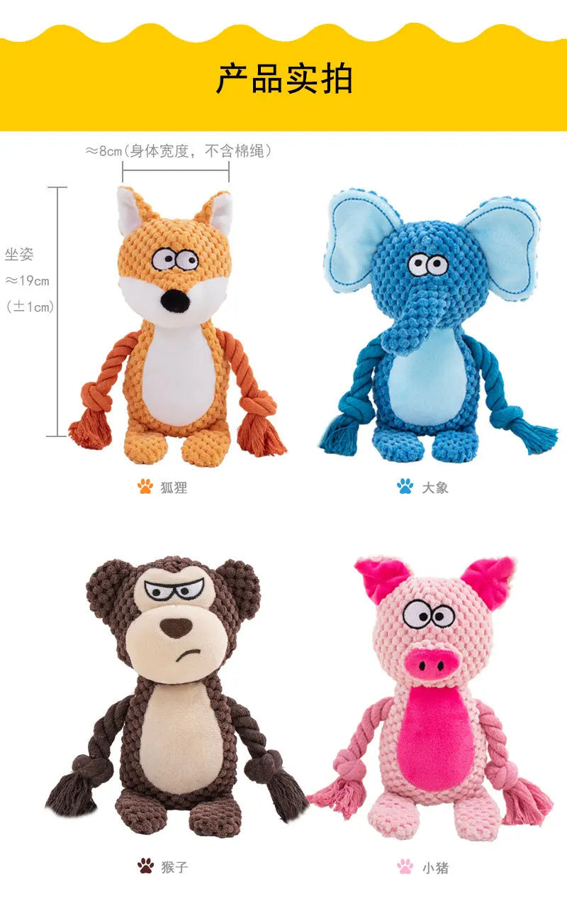 Squeaky Plush Rope Toys for Dogs: Fox Frog Pig Animal Pull Tug Cotton Bite-Resistant Cord - Interactive Training for Puppy Bond