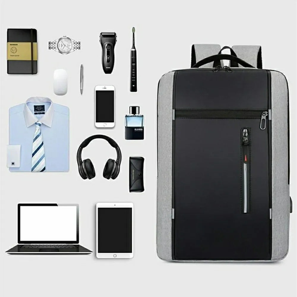 Business Laptop Backpack Men Travel Daypack Waterproof Oxford Cloth School Bag with USB Charging Port - Grey