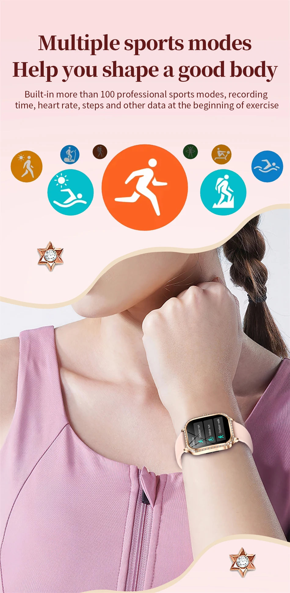 New Fashion Women Smart Watch 1.75inch Curved Screen Sports Bracelet BT HD Calling Clock IP68 Waterproof Diamond Case Smartwatch