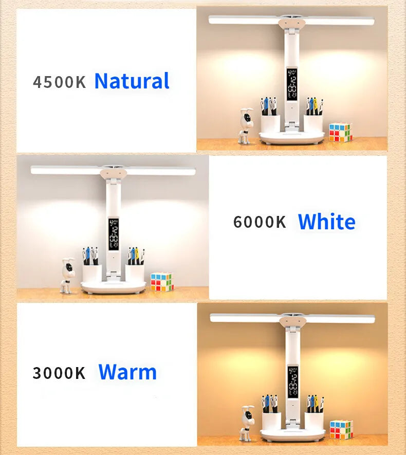 LED Table Lamp USB Chargeable Dimmable Clock Desk Lamps 2 Heads 180 Rotate Foldable Eye Protection Desktop Reading Night Lights