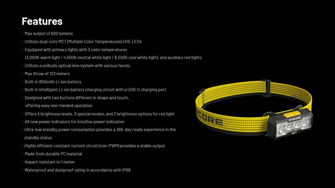 NITECORE NU27 Rechargeable Headlamp 600Lumens Dual-Core MCT UHE LEDS Ultra Lightweight Waterproof Runing Headlight