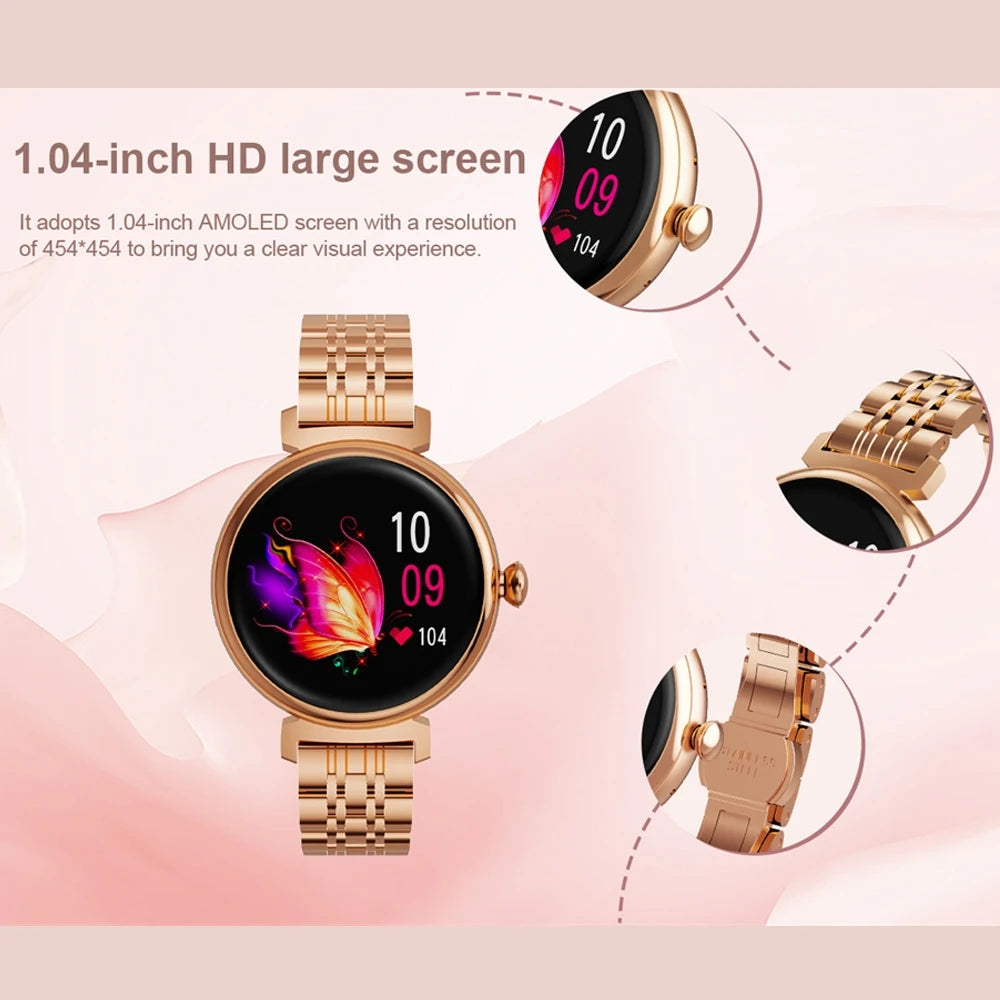 AMOLED Bluetooth Call Smart Watch Screen Always Display 1.04 inch Fashion Ladies Smartwatch Metal Body Small Screen Watch