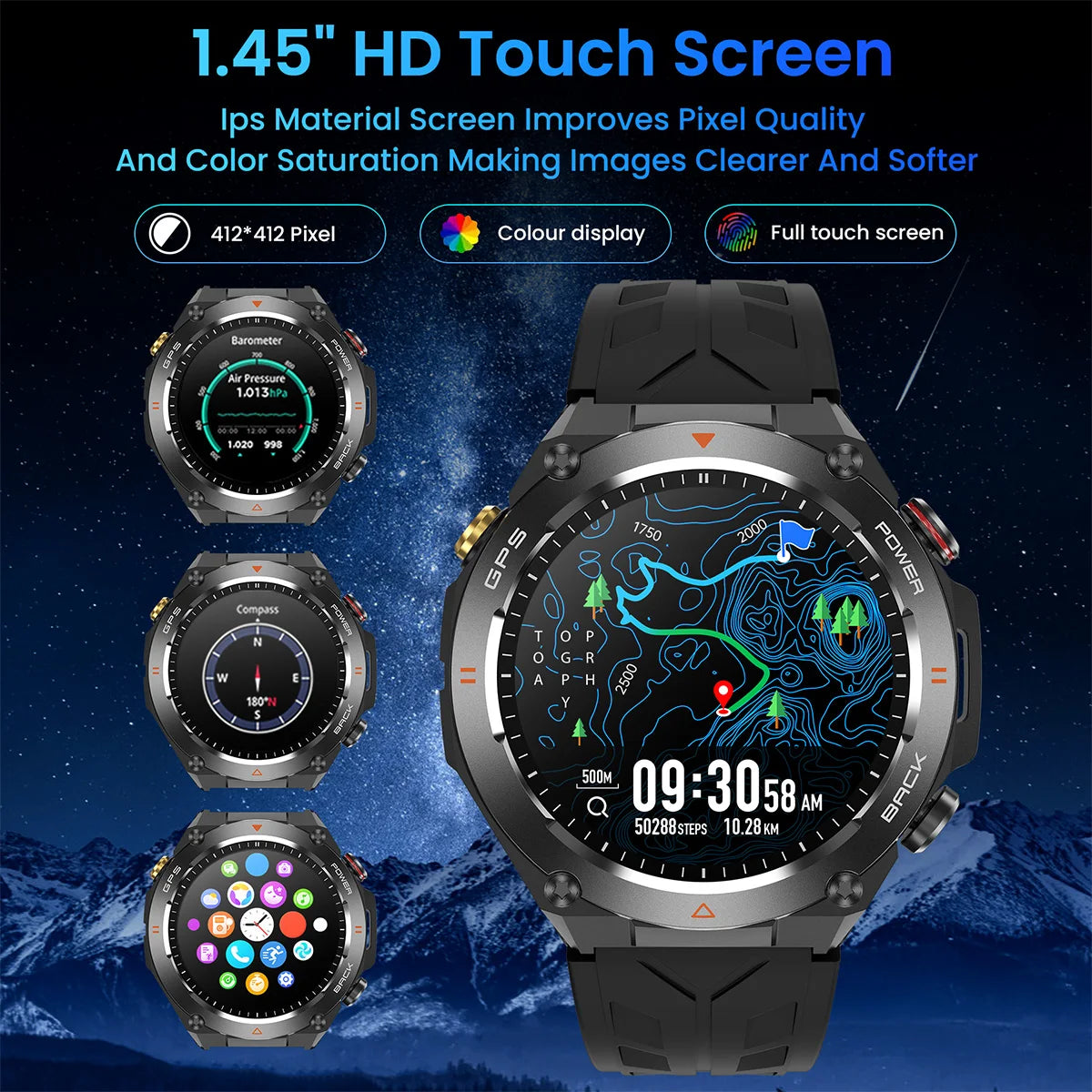 GPS Smart Watch Men Flashlight IPX8 Waterproof Compass 650mAh wireless Call Smartwatch 100+ Sports Modes Outdoor Sport Tracker