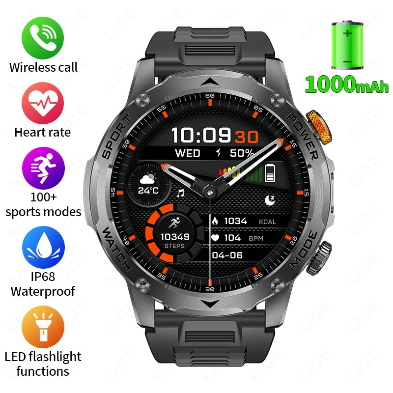 LIGE New 1000mAh Big Battery Smart Watch Men LED Flashlight BT Call IP68 Waterproof Men Watches Spots Smartwatch For Android ios