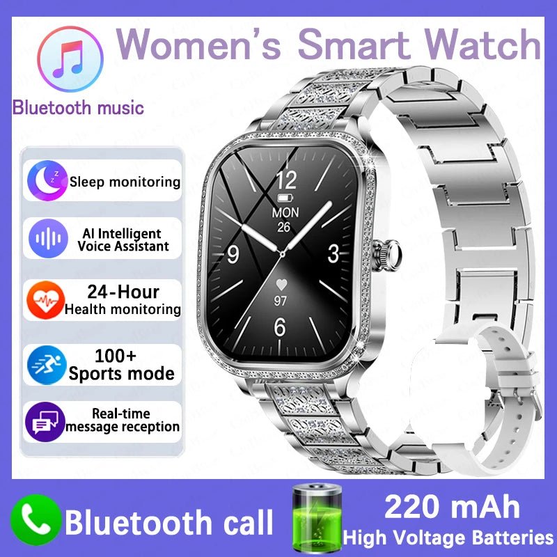 New Fashion Women Smart Watch 1.75inch Curved Screen Sports Bracelet BT HD Calling Clock IP68 Waterproof Diamond Case Smartwatch
