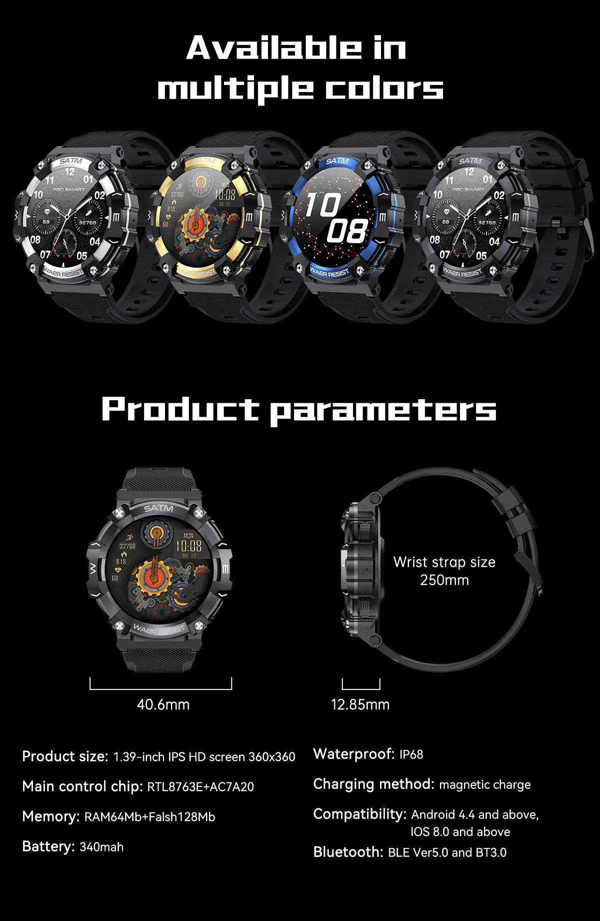 PG666 Outdoor Rugged Smart Watch Men IP68 Waterproof Bluetooth Call Smartwatch Multiple Sports Modes Blood Pressure Oxygen Watch