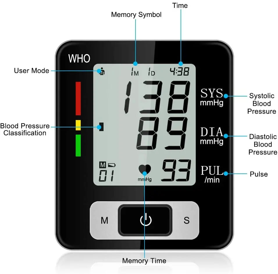 Electronic Blood Pressure Monitor Wrist Cuff Tonometer Digital Sphygmomanometer Electronic Bp Monitors Blood Meter for Home Use