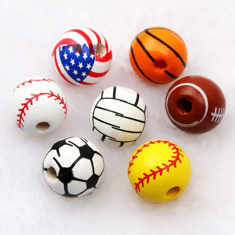 10pcs 16mm Basketball Baseball Spacer Beads Round Ball Wooden Beads For Making Bracelet Necklace DIY Jewelry Supplies
