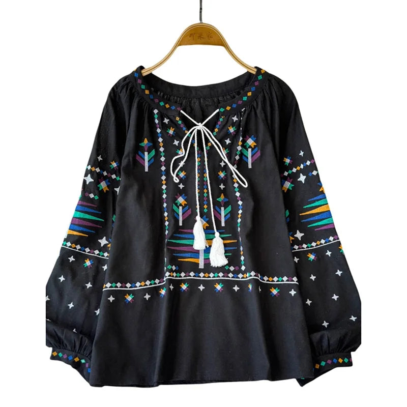 Women's Autumn Blouse Temperament Fashionable Vintage Embroidered Shirt 2024 New Bohemian Vacation Style Loose Top BL026