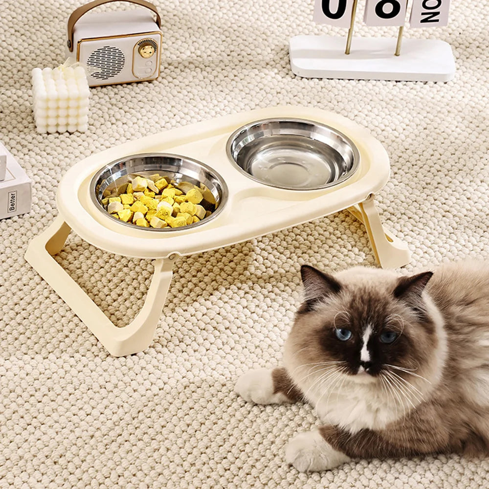 Pet Bowl Double Bowl: Elevated Foldable Design for Cats & Dogs, Anti-Spill, Large Capacity, Cat Food Bowl Dog Feeding Plate