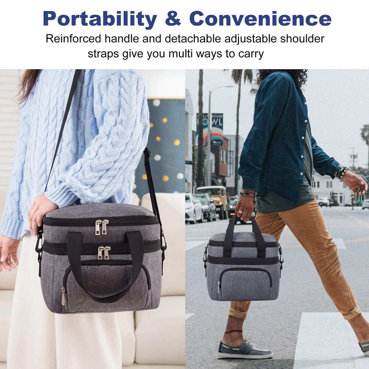Double Insulated Lunch Bag Layer Portable Thermal Lunch Box Waterproof Picnic Heat Insulating Bag with Adjustable Strap