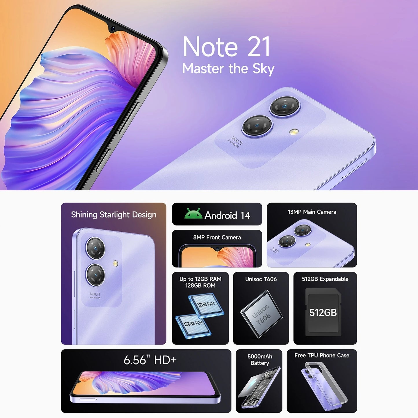 Ulefone Note 21 Smartphone 6.56" 90Hz 5000mAh Battery 4GB+128GB Unisoc T606 13MP Camera 4G Android 14 Mobile Phone