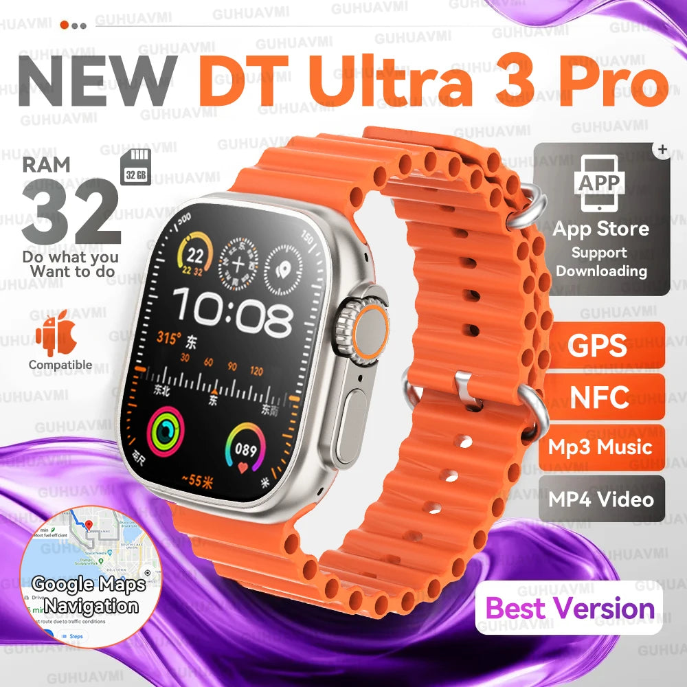DT Ultra 3 Pro Smart Watch HD AMOLED Screen 32GB MP3 MP4 Player APP Store GPS Navigator ChatGPT NFC Sports Smartwatch Men Women