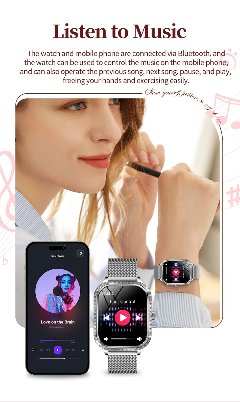 New Fashion Women Smart Watch 1.75inch Curved Screen Sports Bracelet BT HD Calling Clock IP68 Waterproof Diamond Case Smartwatch
