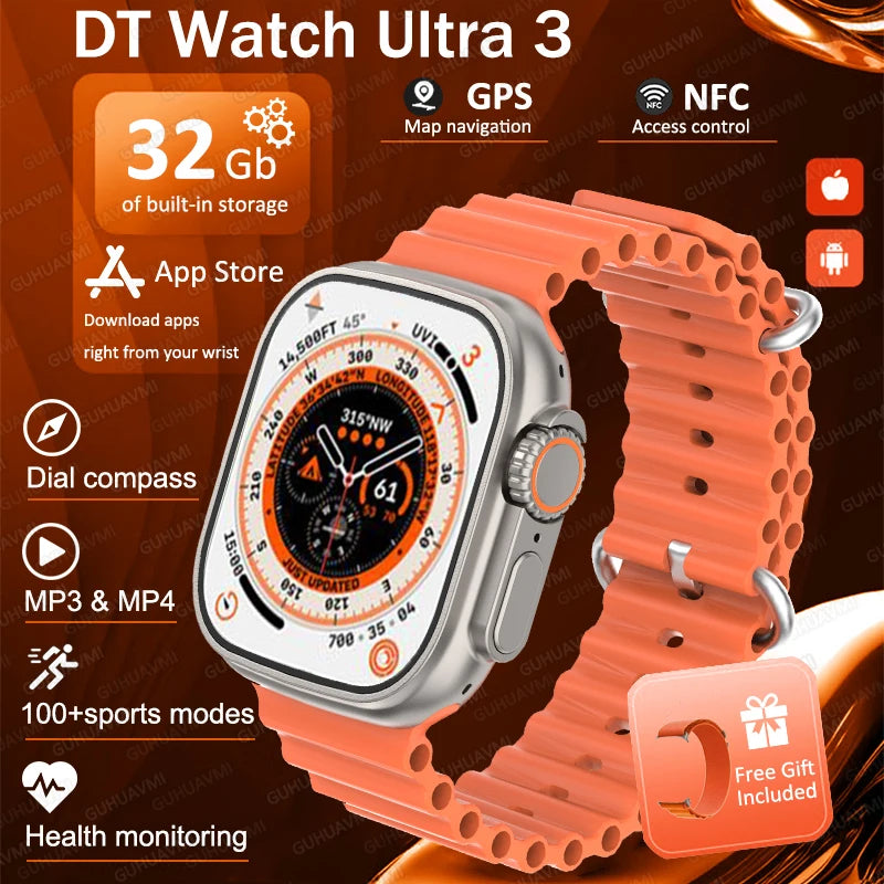 DT Ultra 3 Pro Smart Watch HD AMOLED Screen 32GB MP3 MP4 Player APP Store GPS Navigator ChatGPT NFC Sports Smartwatch Men Women