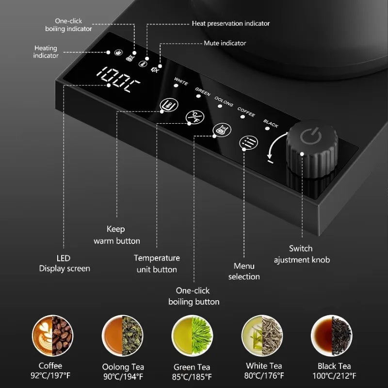 1000W Smart Thermostatic Gooseneck Design for Pour-Over Coffee & Tea 304 Stainless Steel Electric Kettle 600ml Capacity