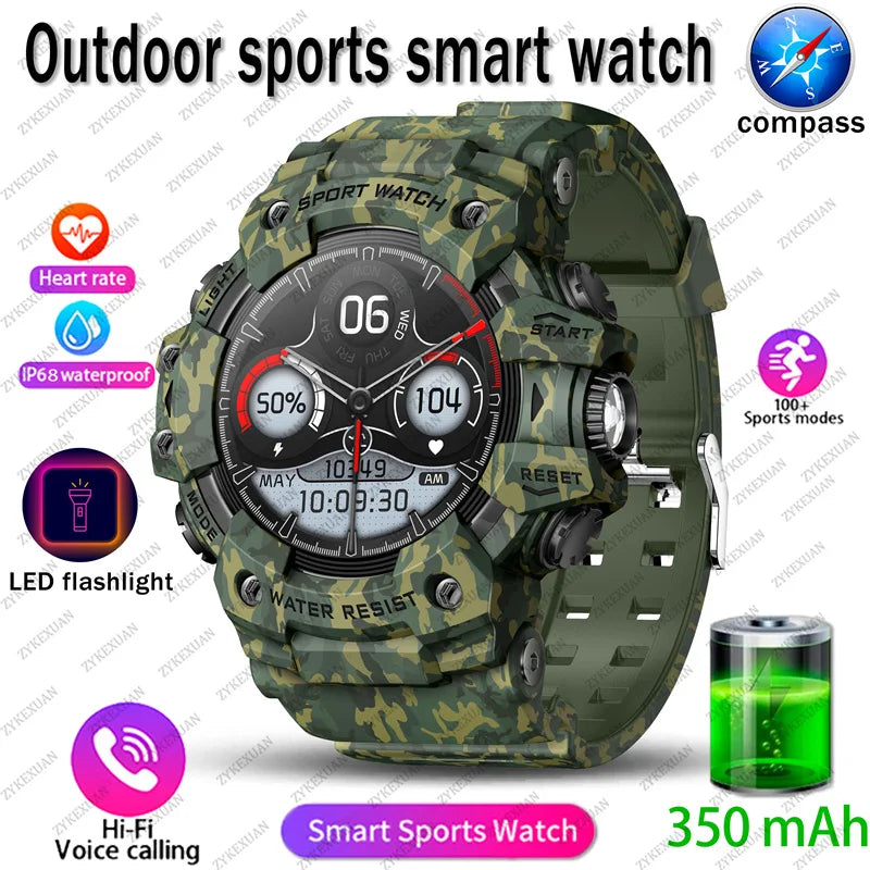 2025 New Rugged Outdoors Sports Smart Watch Men Bluetooth Call Colorful IP68 Waterproof Military Compass Smartwatches Flashlight
