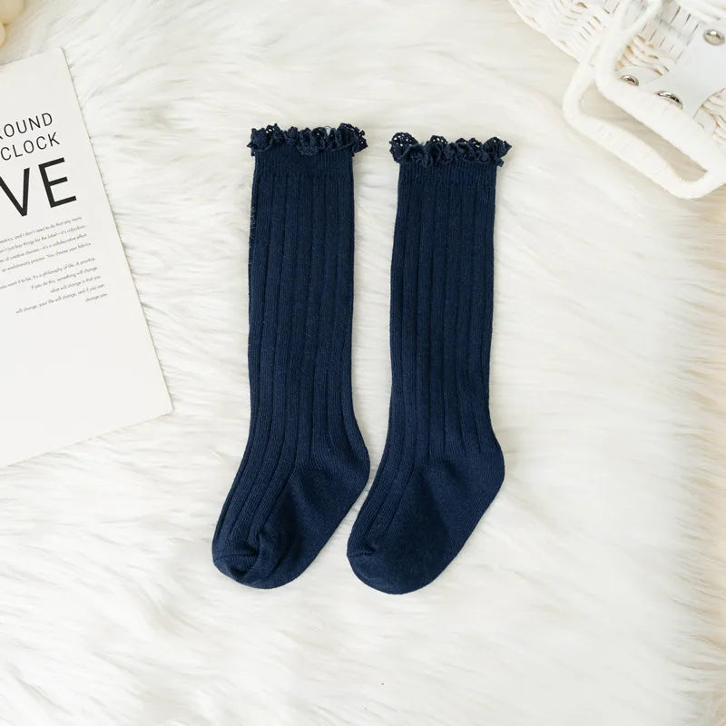 Ruffle Kids Knee High Socks Baby Girls Toddlers Long Soft Cotton Sock Lace Flower Children School Uniform Socks For 0-8 Years