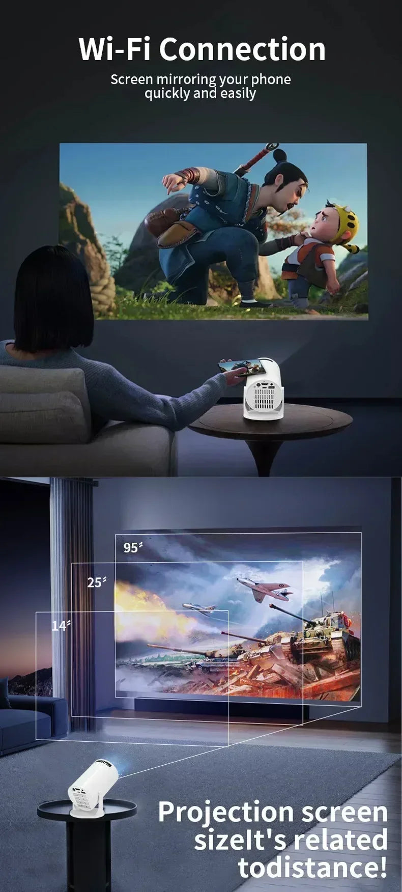 HY200 Projector Home Theater 1080P HD, 270° Adjustable, Portable for USB/TV Stick/Smartphone/Laptop Streaming