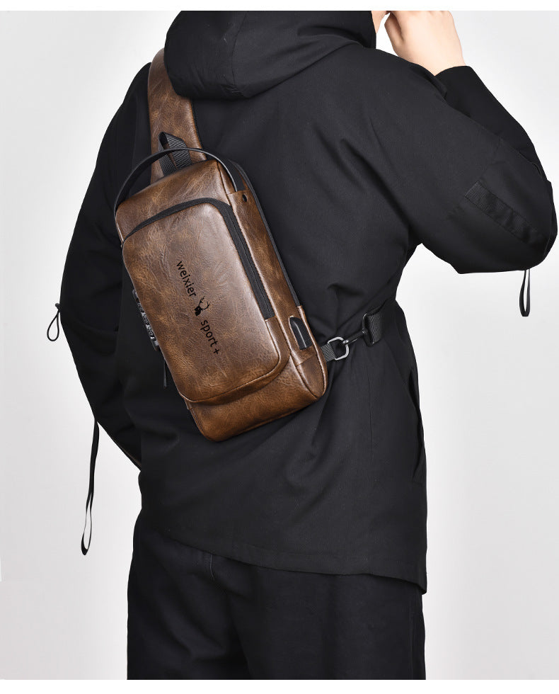 New Casual Chest Bag Travel shoulder bag Men Multifunction Anti-theft USB Charging Crossbody Bag Quality PU Leather Pack Male
