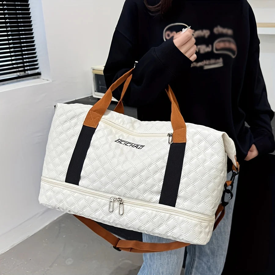 Nylon Travel Duffle Bag with Shoe Compartment, Large Capacity Argyle Pattern Casual Weekender Overnight Gym Storage Bag