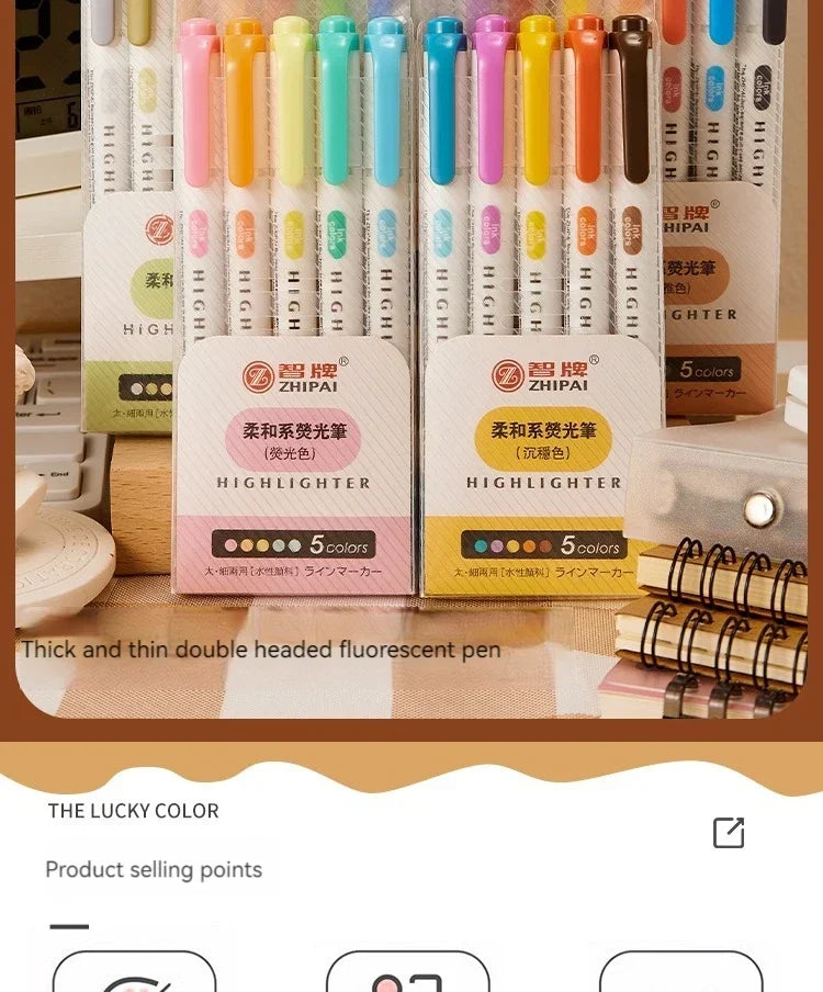 5 Colors/box Double Headed Highlighter Pen Set Fluorescent Drawing Markers Highlighters Pens Art Japanese Cute Pastel Stationery
