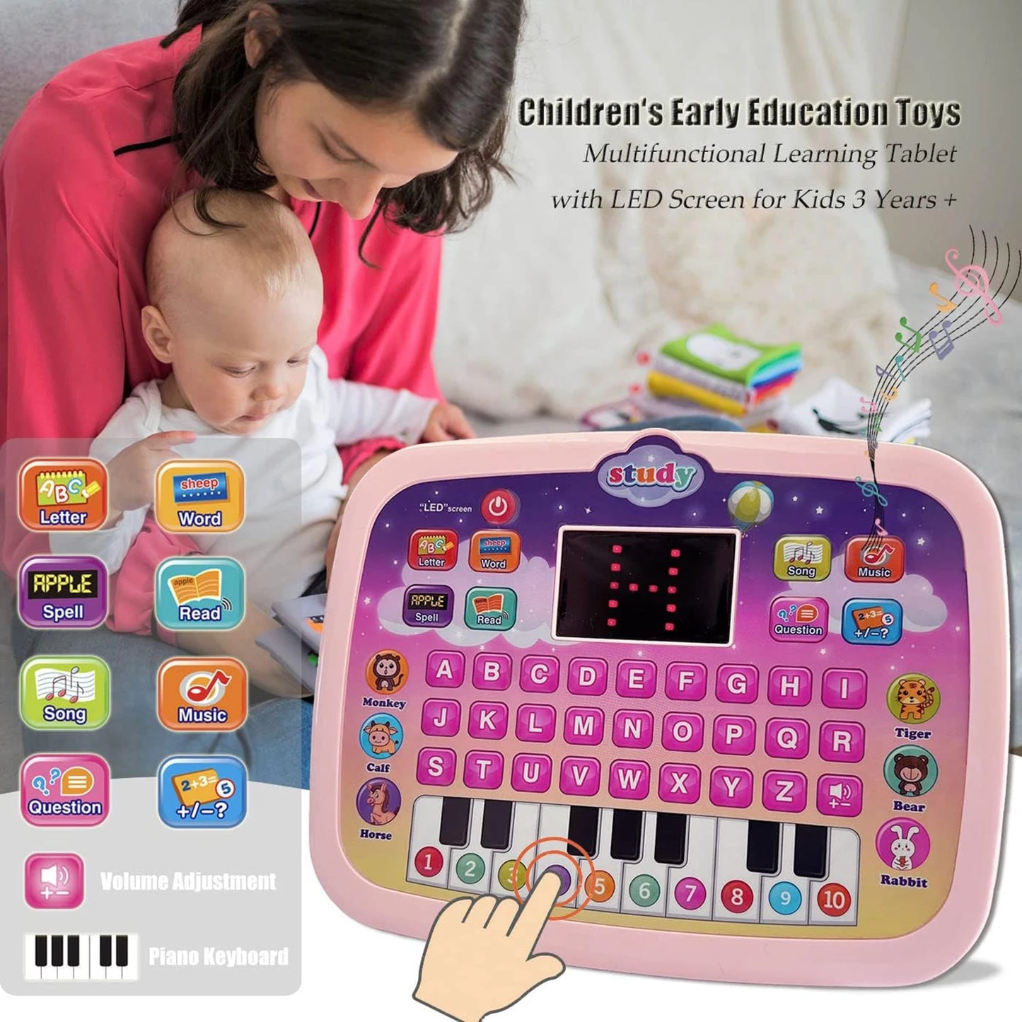 Kids Tablet, Educational Learning Pad with LED Screen, Early Development Interactive Electronic Toy for Boys & Girls