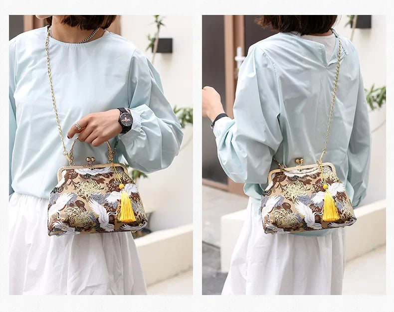 Fashion Vintage Fringe Bag Small Shell Bags Chain Women Shoulder Crossbody Bag Crane Flying Women's Handbags Purses Embroidery