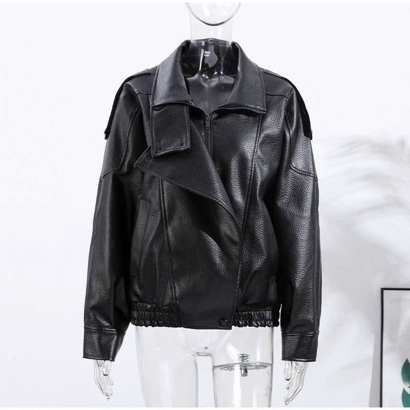 Retro Stand Collar PU Leather Jacket Women Classic Casual Zipper Single Breasted Black Jackets Lady 2025 Autumn Chic Streetwear