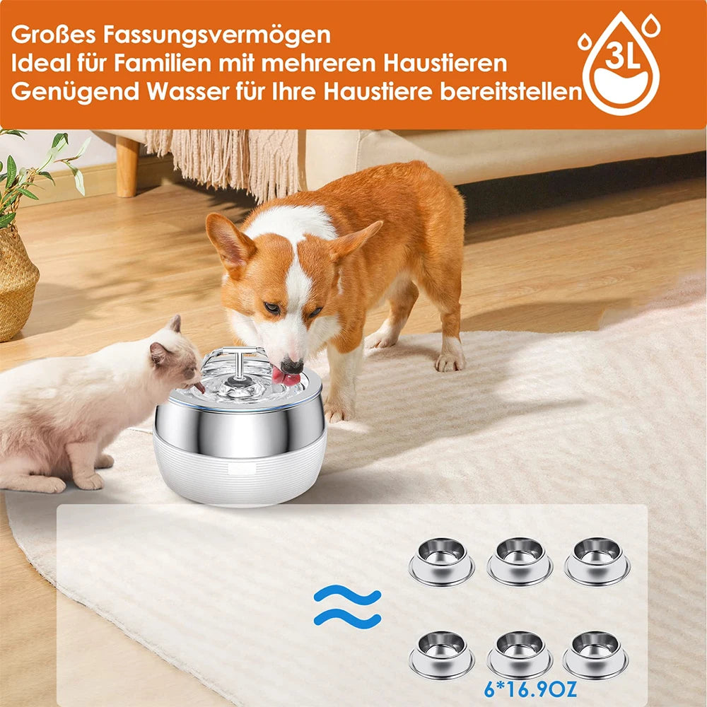 Cat Water Fountain Stainless Steel 3L Automatic Ultra Quiet Dog Water Dispenser Faucet Shape Water Fountain for Cats Dogs Bowl