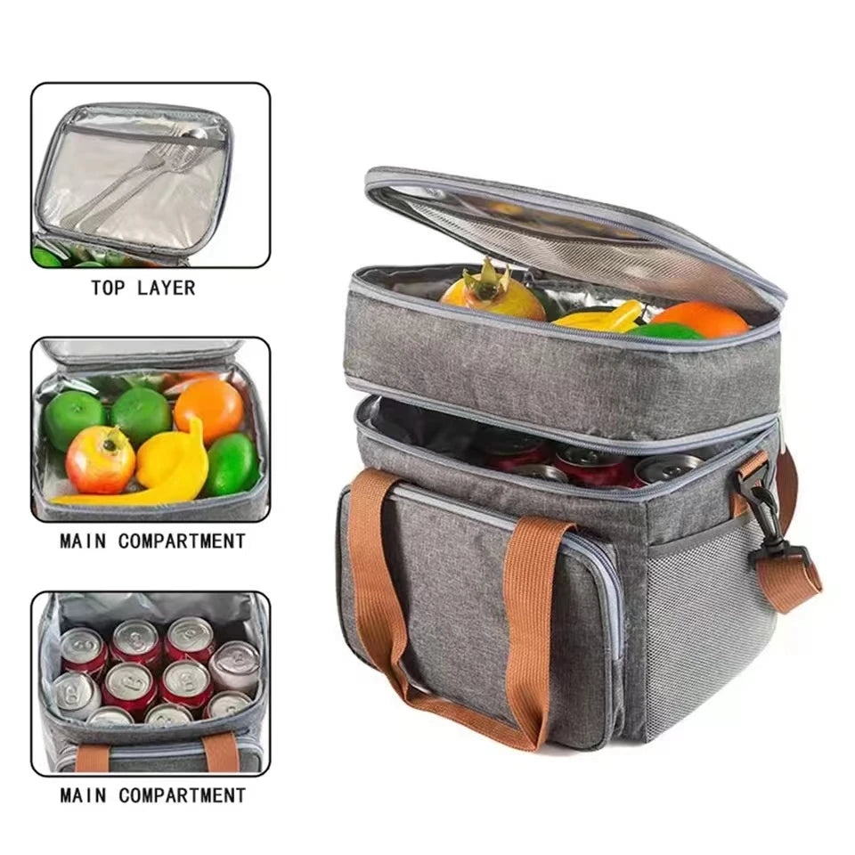 Picnic Cooler Bags Thermal Lunch Box Bag Double Layer Outdoor Camping Food Drink Ice Insulated Case Travel Storage Bags