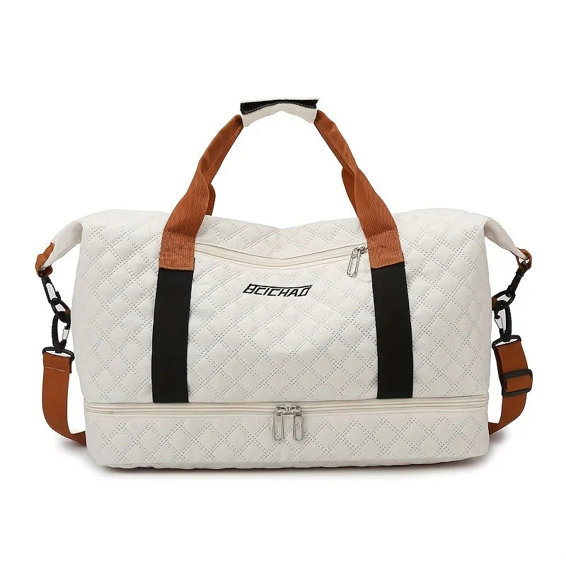 Nylon Travel Duffle Bag with Shoe Compartment, Large Capacity Argyle Pattern Casual Weekender Overnight Gym Storage Bag