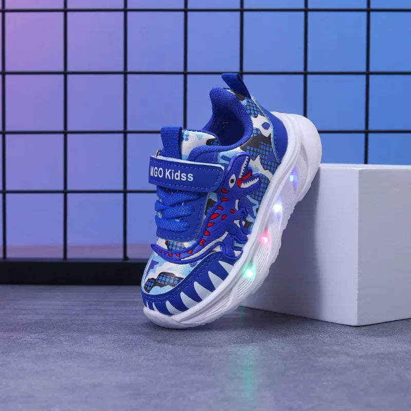 Spring New Children's Sports Shoes Cartoon Dinosaur Children's LED Light Shoes Soft Sole Boys' Causal Sneakers 2-6 Years Old