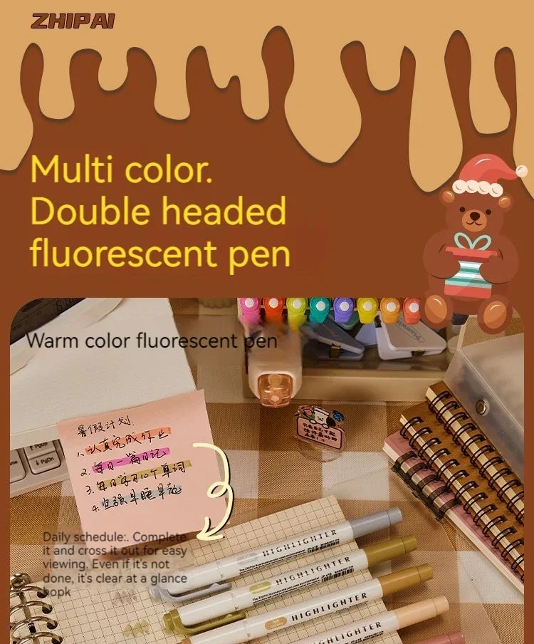 5 Colors/box Double Headed Highlighter Pen Set Fluorescent Drawing Markers Highlighters Pens Art Japanese Cute Pastel Stationery