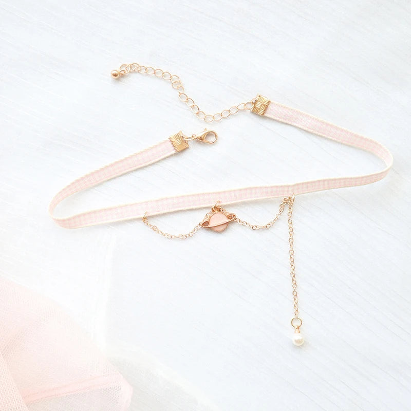 Fashion Women's Choker Necklace Lovely Gothic Pink Lace Pearl Pendant Elastic Short Clavicle Necklace Jewelry Gift For Girls
