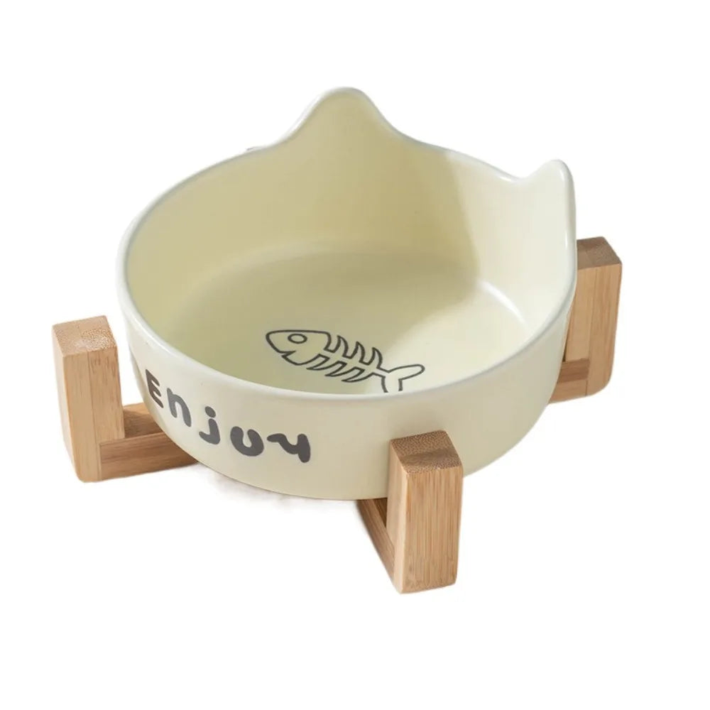 Ceramic Pet Bowl Cute Single/Double Bowl Dog Food Feeding Basin Large Capacity with Rack Pet Drinking Feeder Neck Protection
