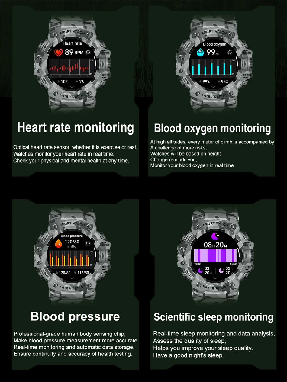New Military Sports Smart Watch Men 100+ Sports Outdoor Fitness Compass Heart rate BT Call Waterproof Smartwatch For iOS Android