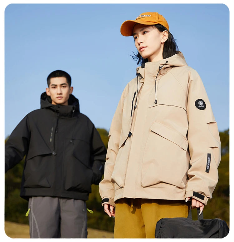 Men’s Hooded Outdoor Windbreaker Jacket Windproof Coats Warm Tactical Coat with Multi Pockets for Hiking Camping Travel Autumn