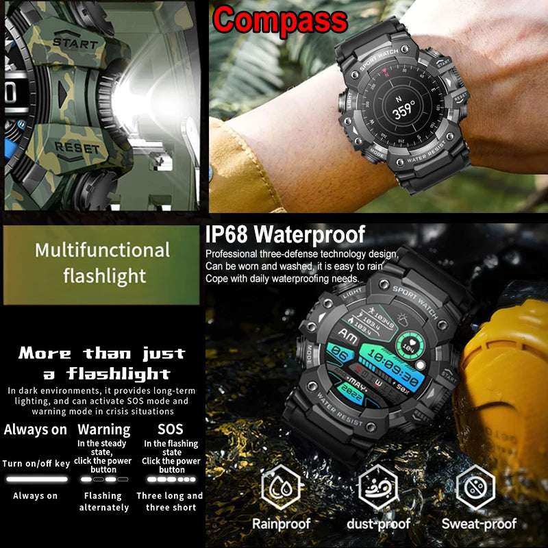 New Military Sports Smart Watch Men 100+ Sports Outdoor Fitness Compass Heart rate BT Call Waterproof Smartwatch For iOS Android