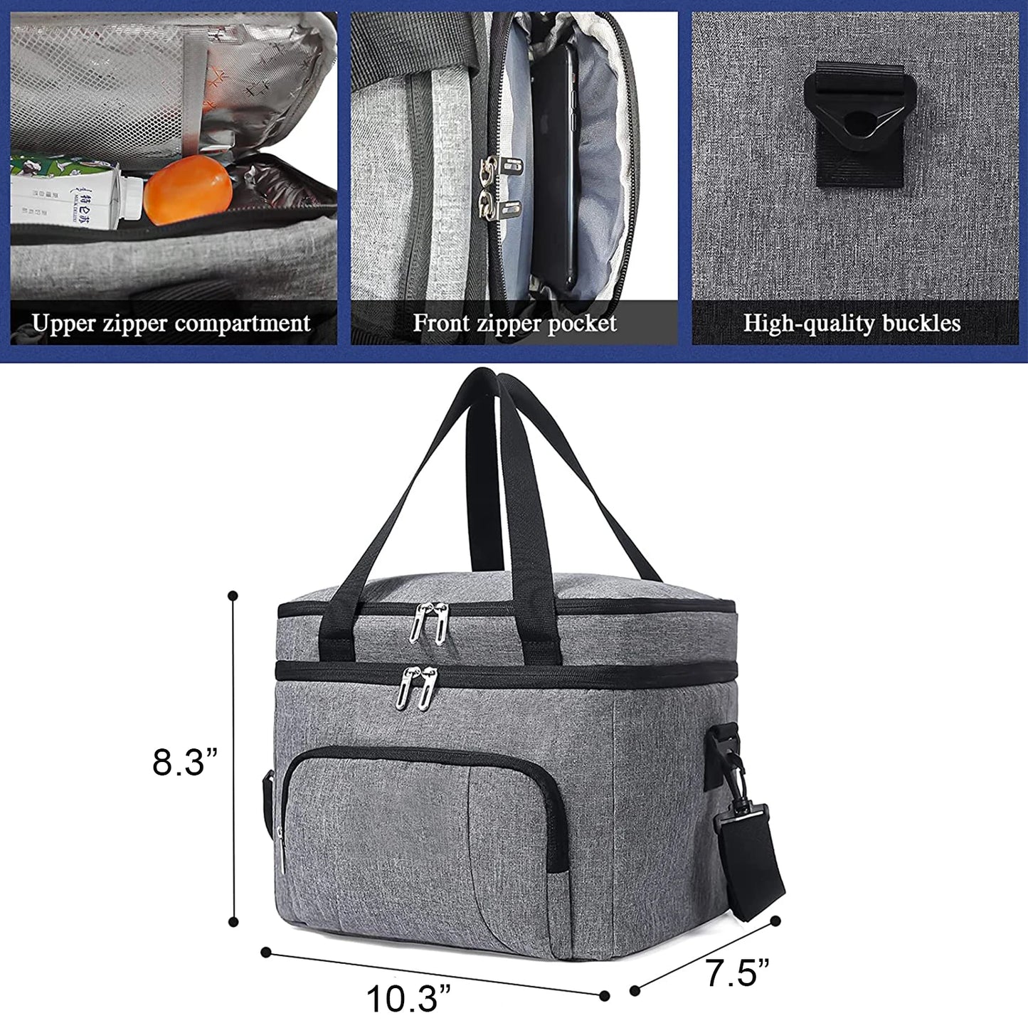 Double Insulated Lunch Bag Layer Portable Thermal Lunch Box Waterproof Picnic Heat Insulating Bag with Adjustable Strap