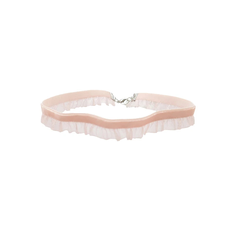 Fashion Women's Choker Necklace Lovely Gothic Pink Lace Pearl Pendant Elastic Short Clavicle Necklace Jewelry Gift For Girls