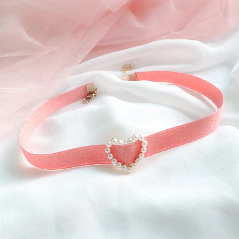 Fashion Women's Choker Necklace Lovely Gothic Pink Lace Pearl Pendant Elastic Short Clavicle Necklace Jewelry Gift For Girls